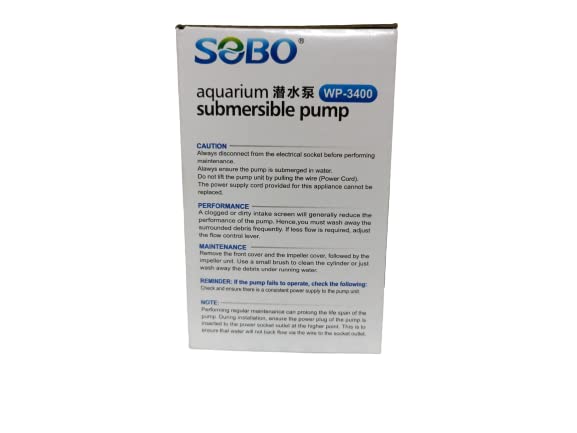 SOBO Aquarium Submersible pump (model: WP-3400, AC 220-240v 50/60Hz,Power:15W F.max: 880L/H, H.Max:1.2M)