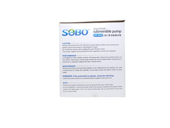 SOBO Aquarium Submersible Pump (Model: WP-3880, AC 220-240v 50/60Hz,Power:35W F.max: 2500L/H, H.Max:1.8M)