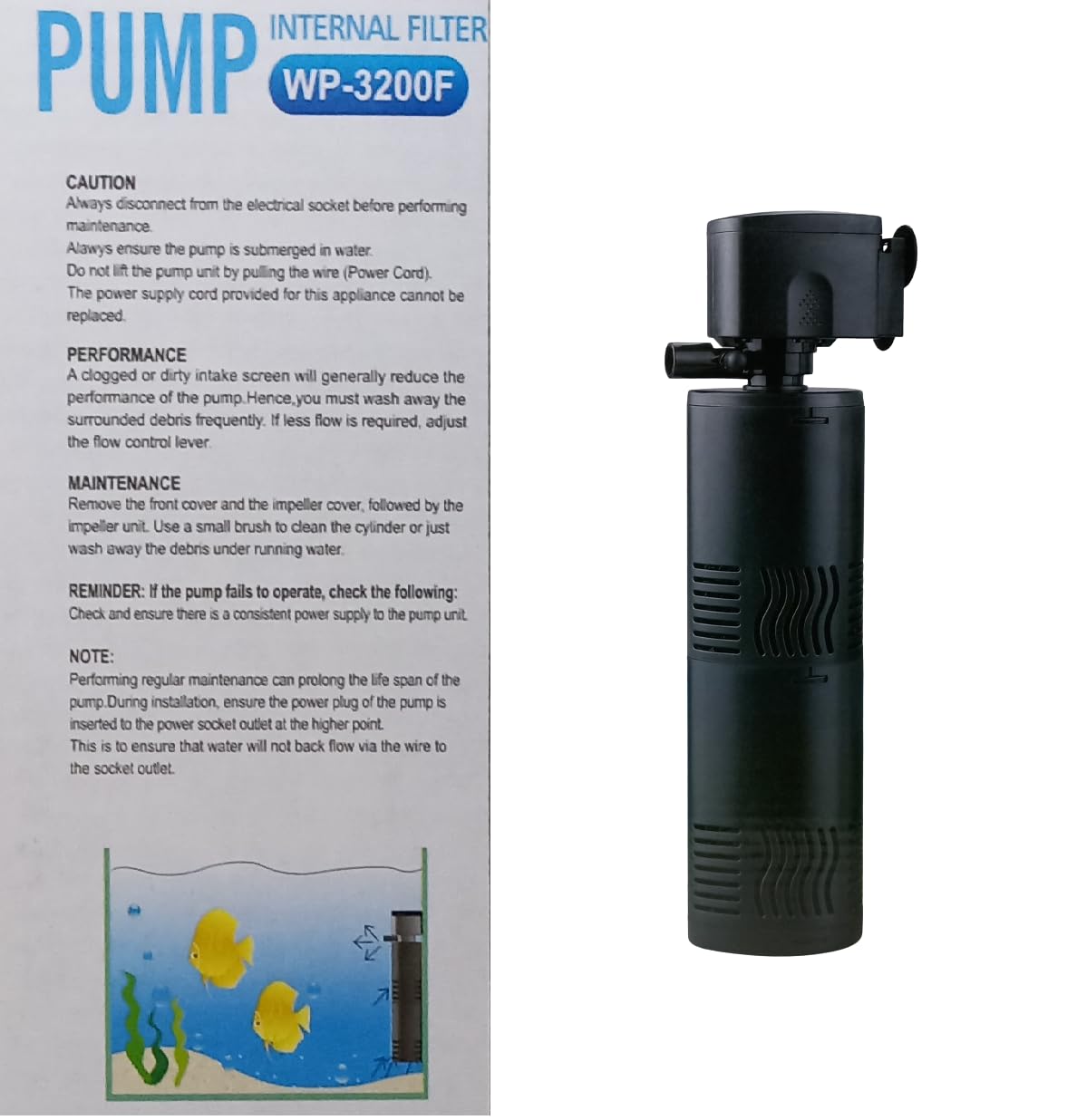 Aquarium filter pump Internal Filter sobo WP-3200F Power -25W F.Max-1200 L/H Upto 4 Feet Tank