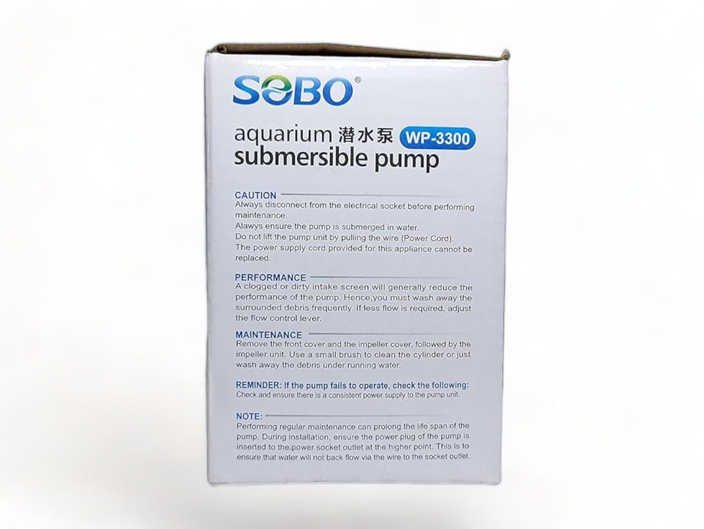 SOBO Aquarium Submersible pump (model: WP-3300, AC 220-240v 50/60Hz,Power: 12W F.max: 600L/H, H.Max: 1M)