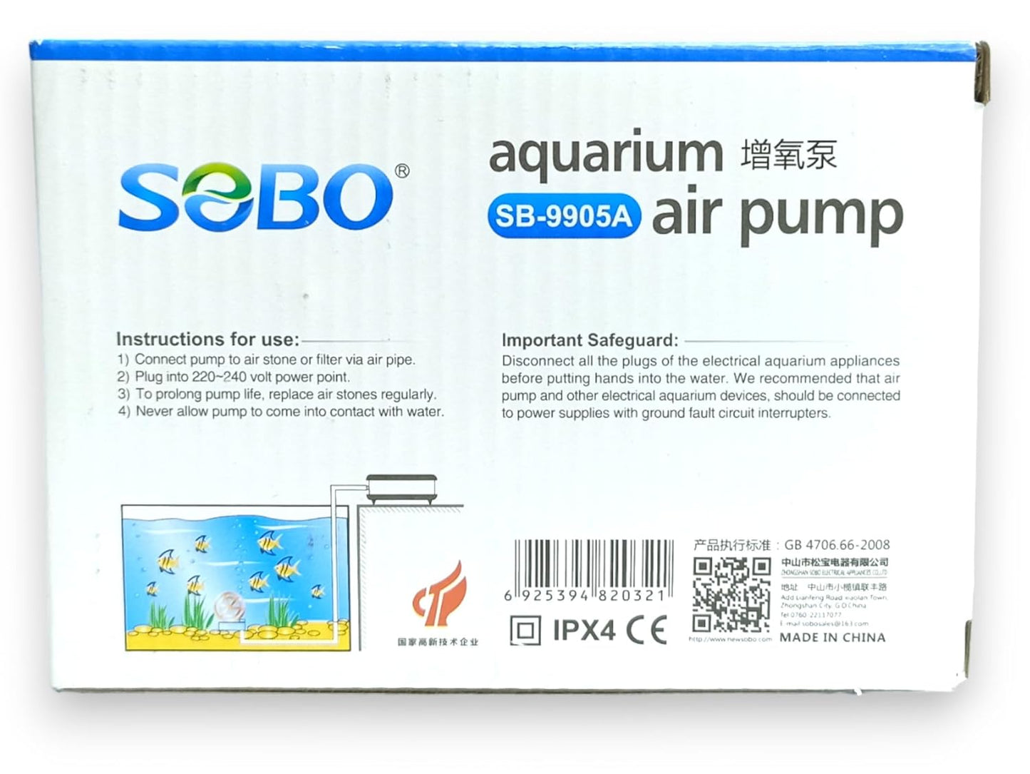 SOBO Aquarium air Pump (Model : SB- 9905A,Power: 4.2W, Output: 2x5.5L/min Ac 220-240v 50/60HZ)