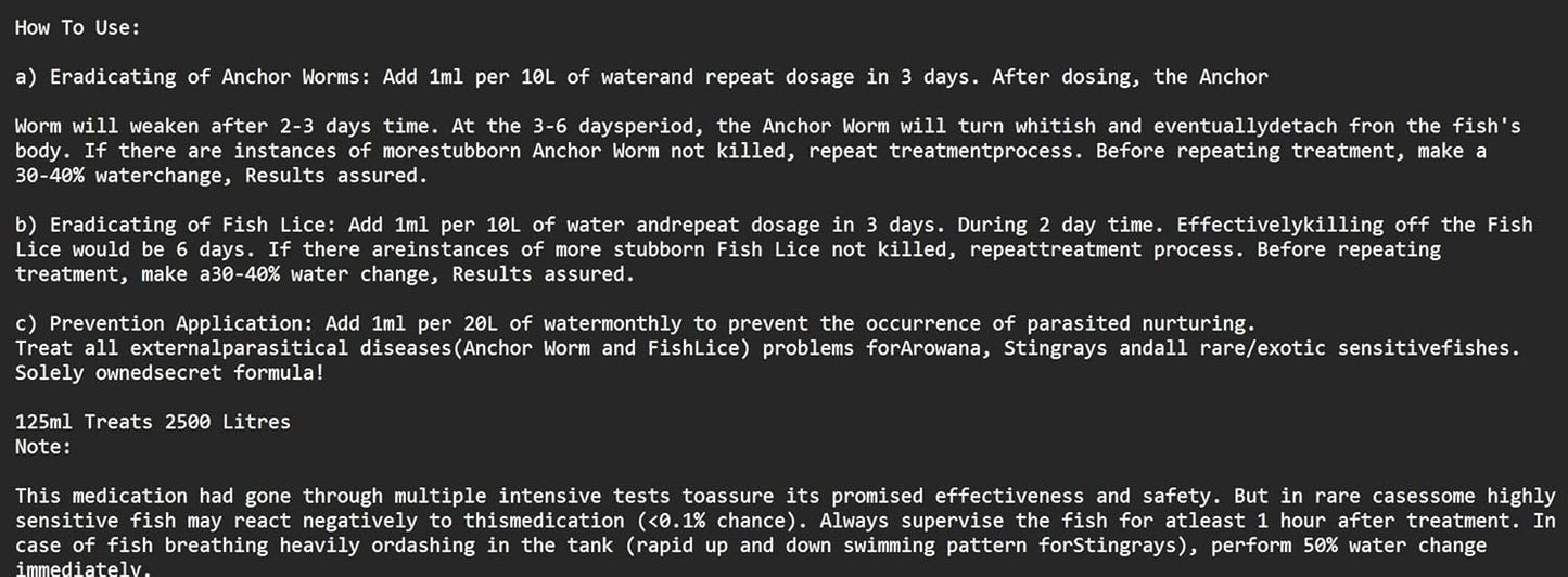 Ocean Free O Anchor Worm and Fish Lice Treat All External parasitical Diseases (Anchor Worms and Fish Lice) Problems for Arowana, Stingrays and All Rare/Exotic Sensitive Fishes 125ML