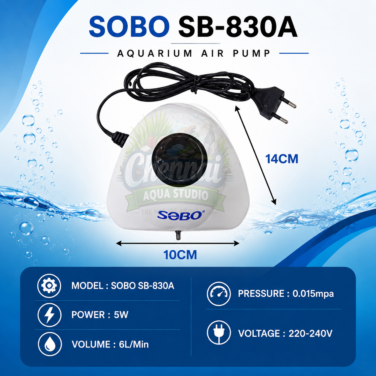 SOBO Aquarium air Pump (Model : SB- 830A,Power: 5W, Output: 6L/min Ac 220-240v 50/60HZ)