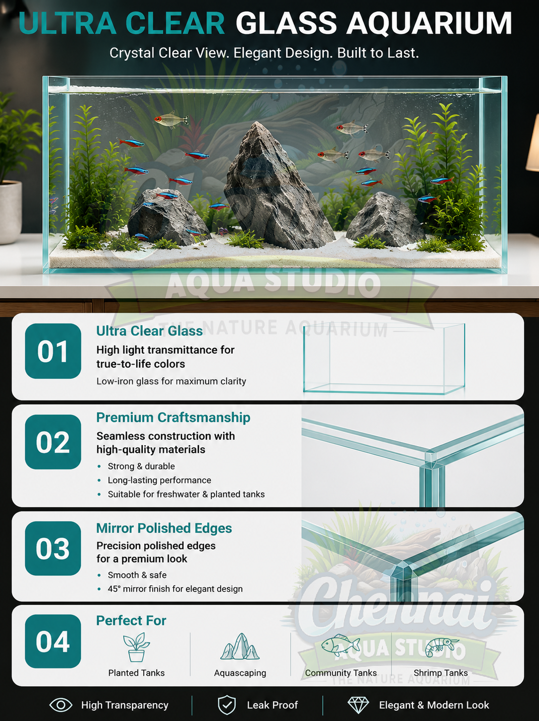 High Quality Ultra Clear Seamless Glass Aquarium Tank – 90cm All Sides Premium Fish Tank 10mm Glass