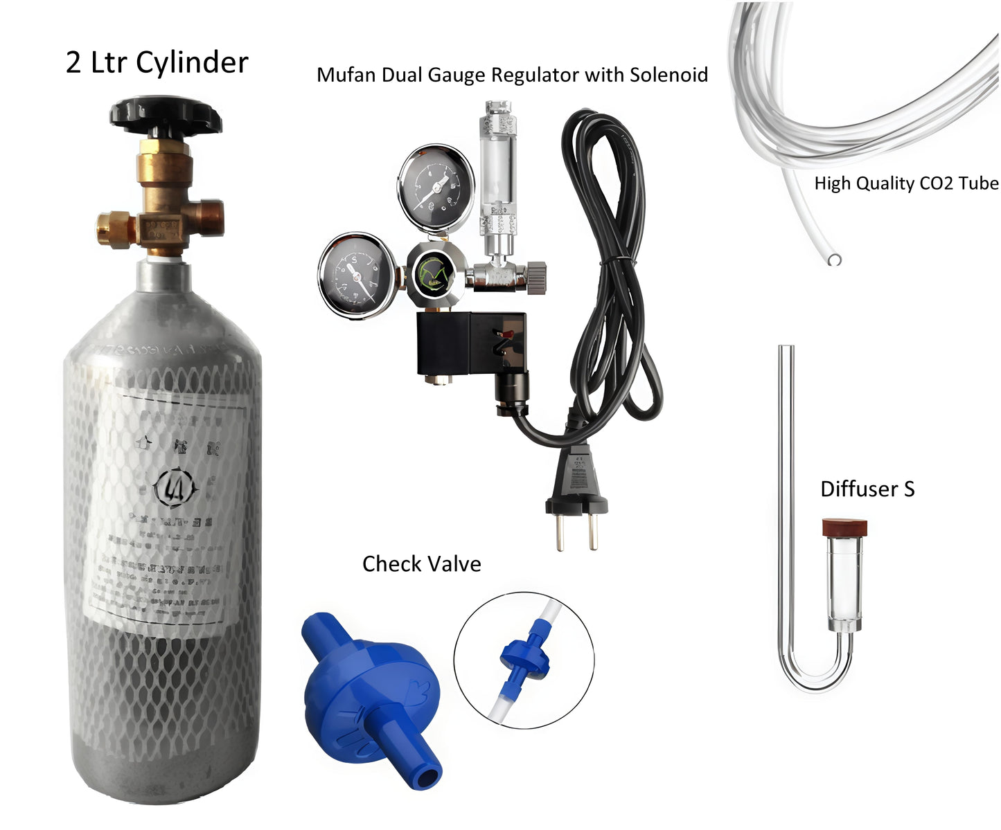 Complete CO2 Kit 2L Cylinder with Mufan Dual Gauge Regulator with Solenoid
