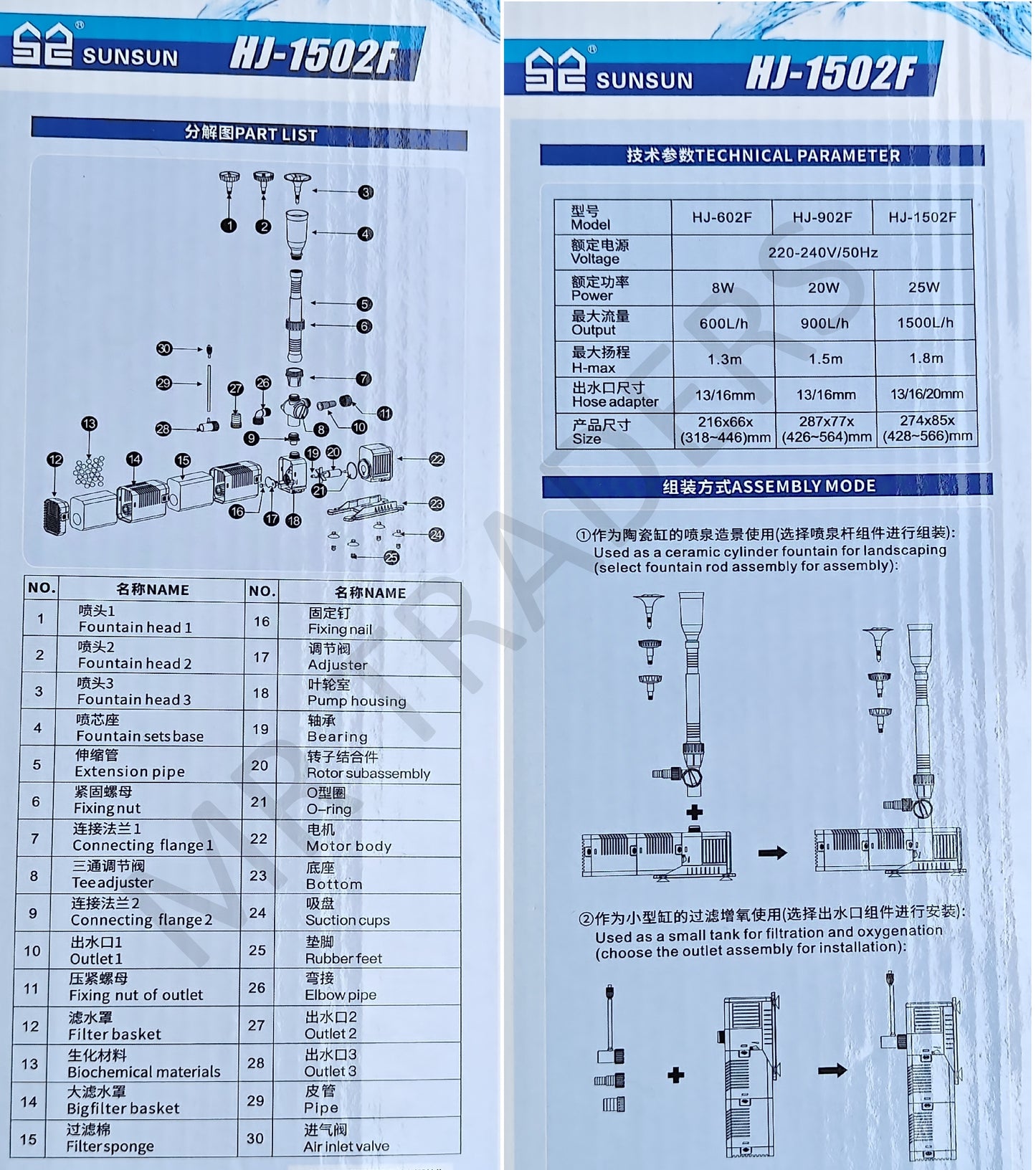 SUNSUN - HJ-1502F SUBMERSIBLE FOUNTAIN PUMP & FILTER PUMP