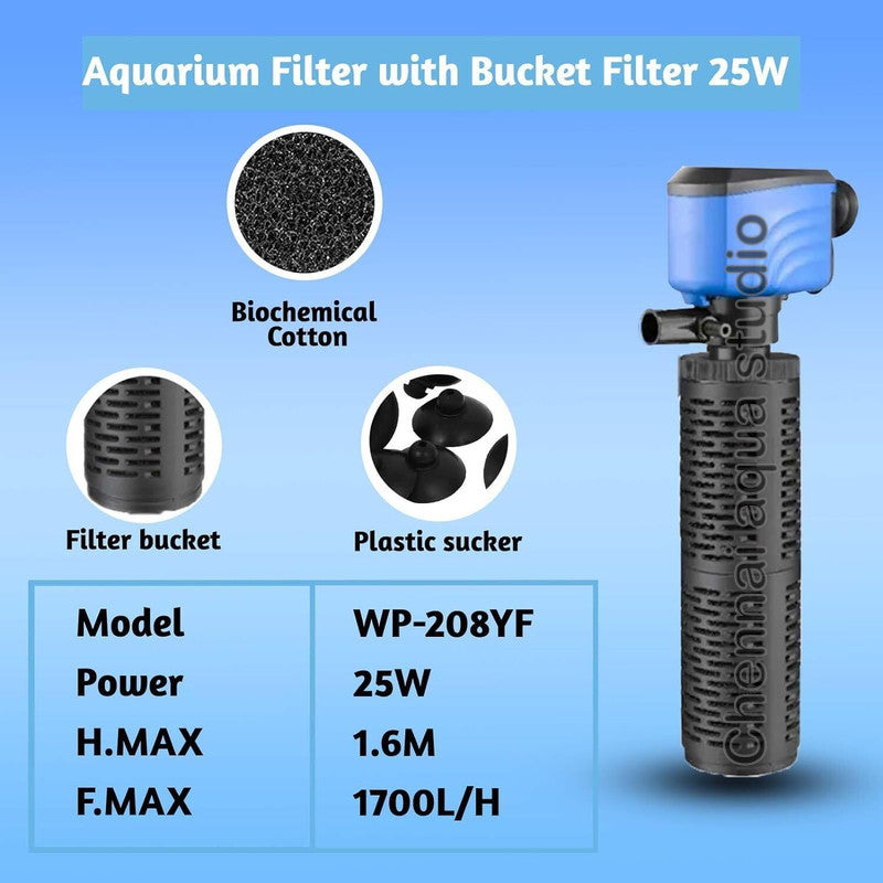 Silent Internal Aquarium Filter with Air Pump Eco-Friendly Plastic Fish Tank Power 25w H.max:1.6M F.MAX:1700L/H WP-208YF