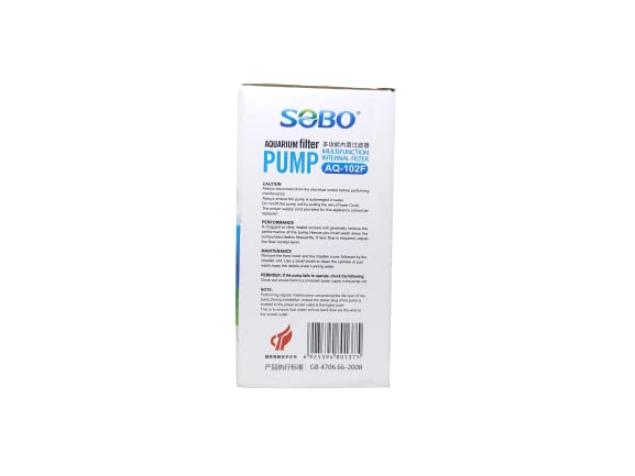 SOBO Aquarium Multifunction Internal Filter Pump (Model : AQ- 102F,Power: 15W, Output: 1200L/H Ac 220-240v 50/60HZ)