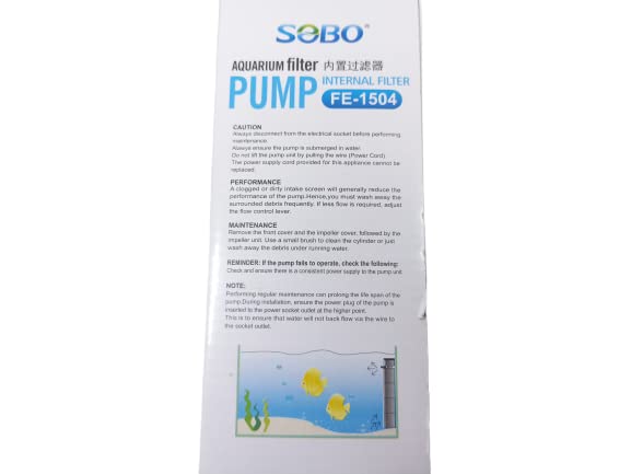 SOBO Aquarium Internal Filter Pump (Model : FE- 1504,Power: 15W, Output: 1200L/H Ac 220-240v 50/60HZ)