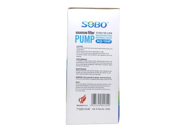 SOBO Aquarium Multifunction Internal Filter Pump (Model : AQ- 104F,Power: 30W, Output: 1800L/H Ac 220-240v 50/60HZ)