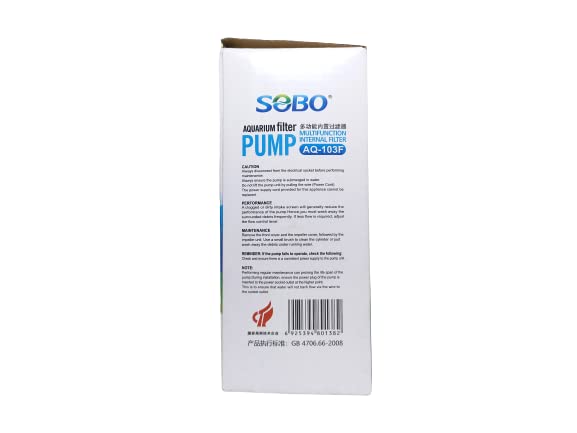 SOBO Aquarium Multifunction Internal Filter Pump (Model : AQ- 103F,Power: 25W, Output: 1500L/H Ac 220-240v 50/60HZ)