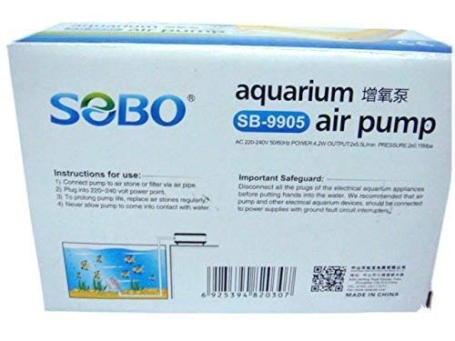 SOBO Aquarium air Pump (Model : SB- 9905,Power: 4.2W, Output: 2x5.5L/min Ac 220-240v 50/60HZ)