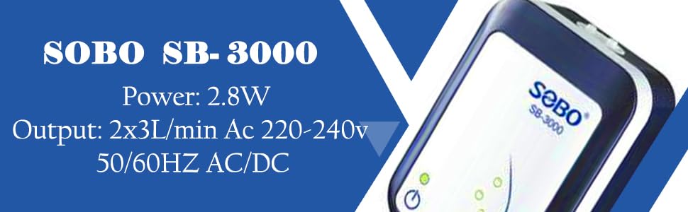 SOBO Aquarium Mini air Pump (Model : SB- 3000,Power: 2.8W, Output: 2x3L/min Ac 220-240v 50/60HZ) AC/DC