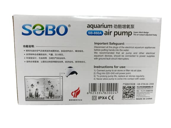 Aquarium air Pump (Model : SB- 860A,Power: 10W, Output:2x6L/min Ac 220-240v 50/60HZ)