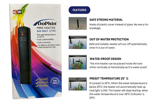 Dophin AH1001 25W Submersible Mini Heater | Fully Submersible | Suitable for Both Fresh and Marine Water | Suitable for Tank Size 30L