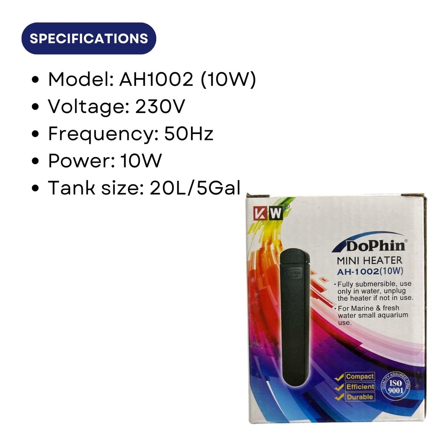 Dophin AH1002 10W Submersible Mini Heater | Fully Submersible | Suitable for Both Fresh and Marine Water | Suitable for Tank Size 20L