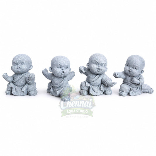 4 Pcs Mini Monk Figures – Retro Resin Buddhist Statues | Cute Stone-Look Zen Monk Decor for Aquarium, Terrarium, Home, Office, Garden, Desk & Shelf Decoration