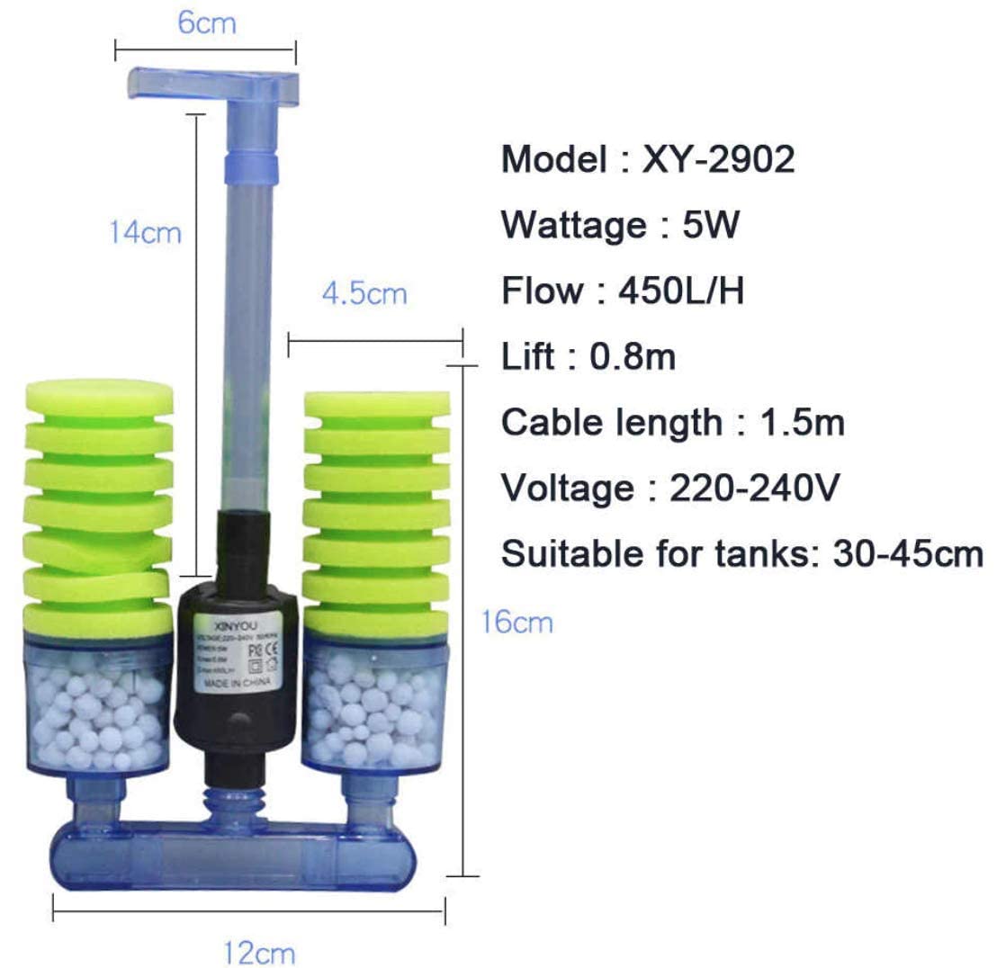 Xinyou XY-2902 Aquarium Biochemical Double Sponge Filter Pump with 2 Extra Black Sponge and Filter Media for Aquarium Fish Tank | 5W | 450L/H | 0.8M | Suitable 30-45CM Tank