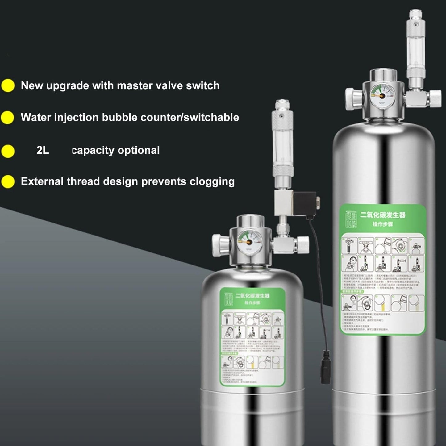 Stainless Steel 2L (Empty Cylinder) Planted Aquarium DIY Co2 Generator System Complete Kit with Pressure Gauge and Control Valve, Metal Bubble Counter, Co2 Tube and Diffuser (Complete Kit)