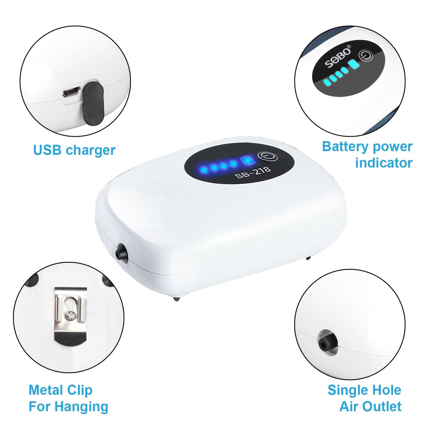 Sobo AC/DC Air Pump Rechargeable Air Pump for Fish Tank, Air Pumps 1W | DC-3.7V-2600mAh | Presure: 2x0.018Mpa | Air Flow:3L/min (SOBO AC/DC AIR Pump SB-218 1W)