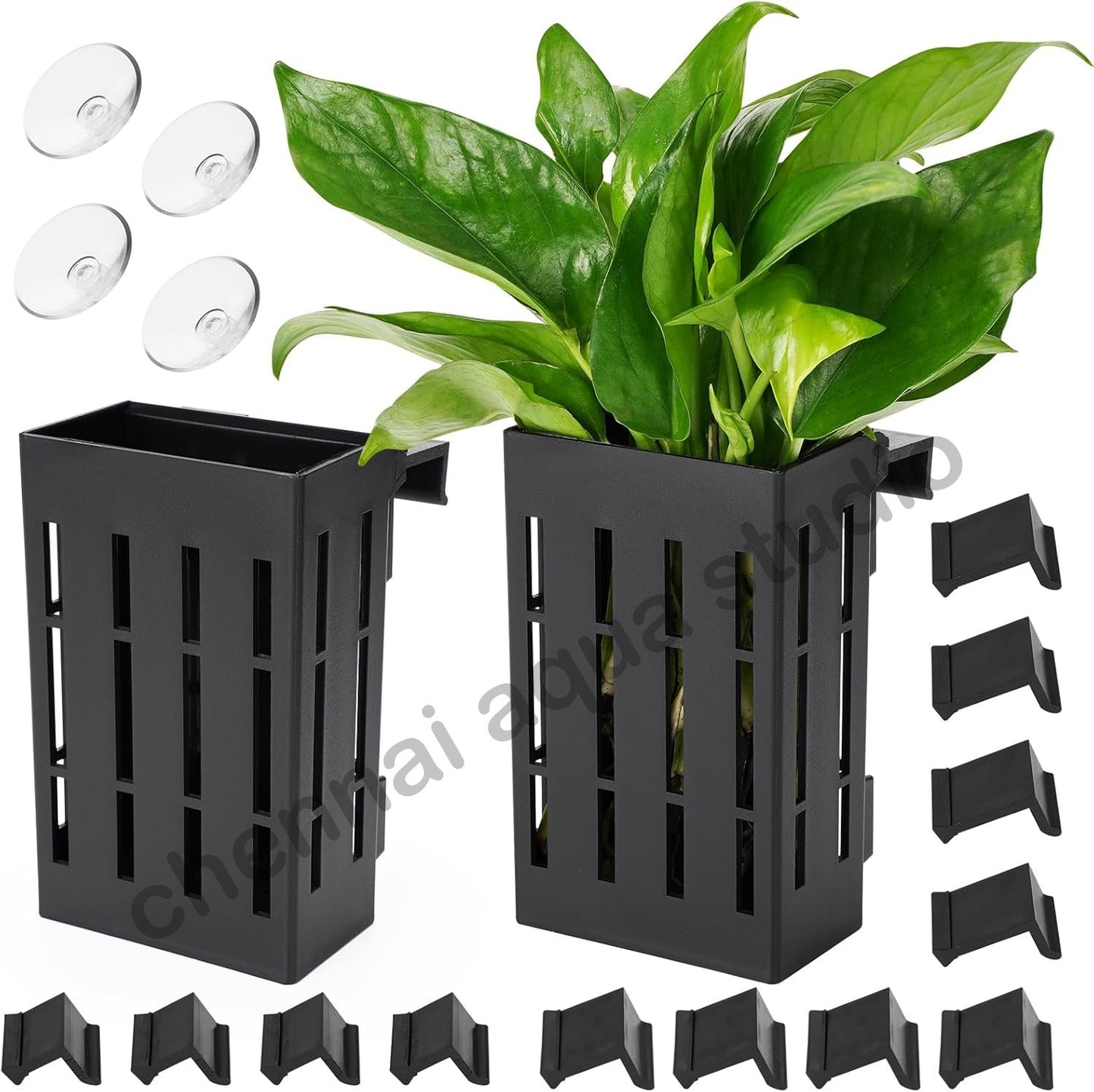 Aquarium Plant Holder with Suction Cups & Hooks – Hanging Water Plant Pot for Aquatic Plants, Durable ABS Plastic, Ideal for Pothos, Bamboo & More (Pack of 1)