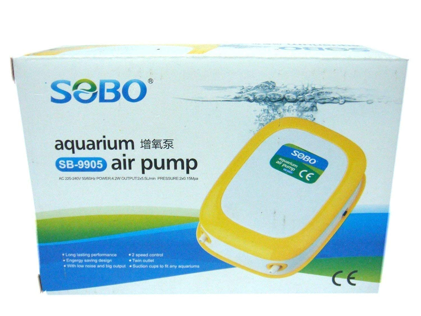 SOBO Aquarium air Pump (Model : SB- 9905,Power: 4.2W, Output: 2x5.5L/min Ac 220-240v 50/60HZ)
