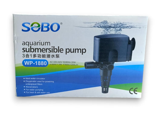 SOBO Aquarium Submersible Pump (Model: WP-1880, AC 220-240v 50/60Hz,Power:20W F.max: 1200L/H, H.Max:1.2M)