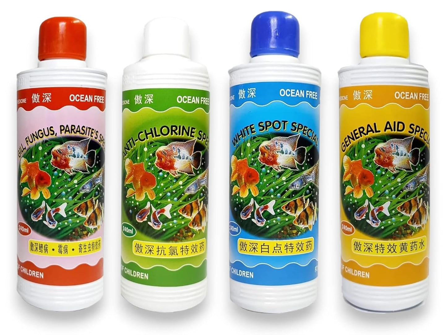 Ocean Free GILL, Fungus, PARASITE'S Special & Anti-Chlorine Special & White SPOT Special & General AidSpecial Each 240ml All in one Pack