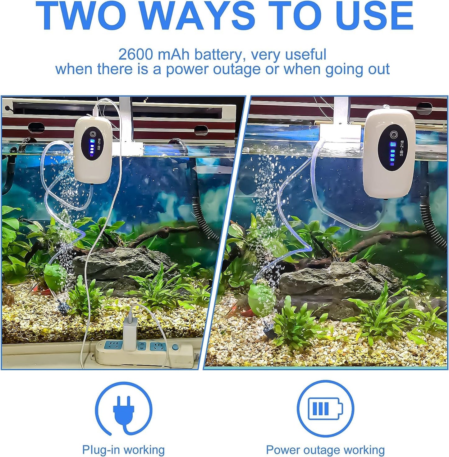 Sobo AC/DC Air Pump Rechargeable Air Pump for Fish Tank, Air Pumps 1W | DC-3.7V-2600mAh | Presure: 2x0.018Mpa | Air Flow:3L/min (SOBO AC/DC AIR Pump SB-218 1W)