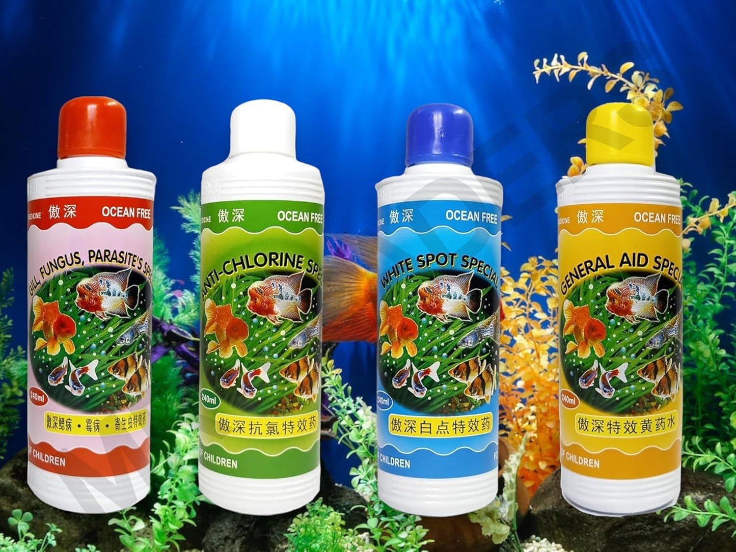 Ocean Free GILL, Fungus, PARASITE'S Special & Anti-Chlorine Special & White SPOT Special & General AidSpecial Each 240ml All in one Pack