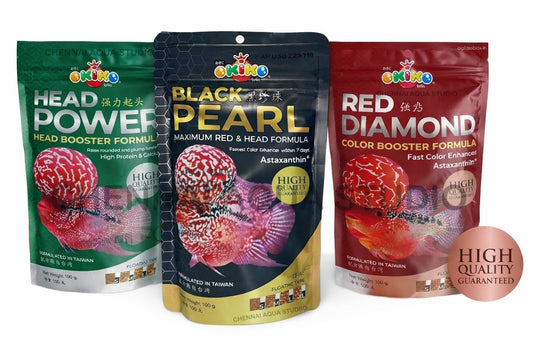 Okiko Flowerhorn Fish Food Combo | Head Booster & Fast Color Enhancer with Astaxanthin | Head Power + Black Pearl + Red Diamond (3 × 100g) | FLOATING TYPE | All Life Stages | Original