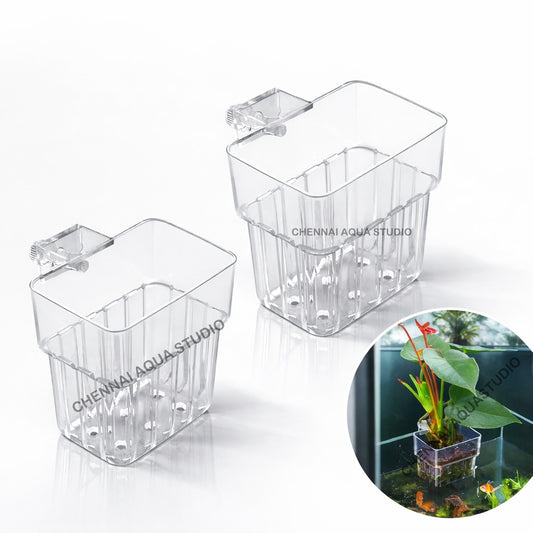 Aquarium Water Plant Holder Cup –  Crystal-Clear Hanging Pot for Aquascape Style, Hydroponic Rooting & Aquaponic Growth – Easy Clip-On Design for Live Plants & Fish Tank Décor