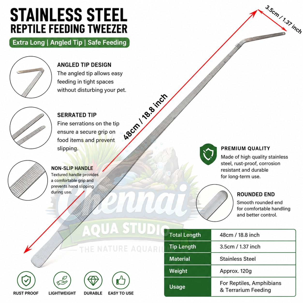 Stainless Steel Aquarium Tweezers – Straight & Curved Aquascaping Tool for Fish Tank & Reptile Feeding SIZE 48CM