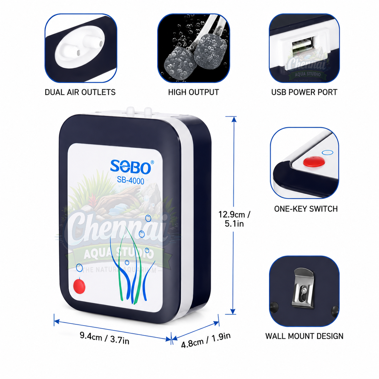 Sobo SB-3000 AC/DC Aquarium Fish Tank Air Pump | Power : 2.8W | Flow: 2x3L/Min