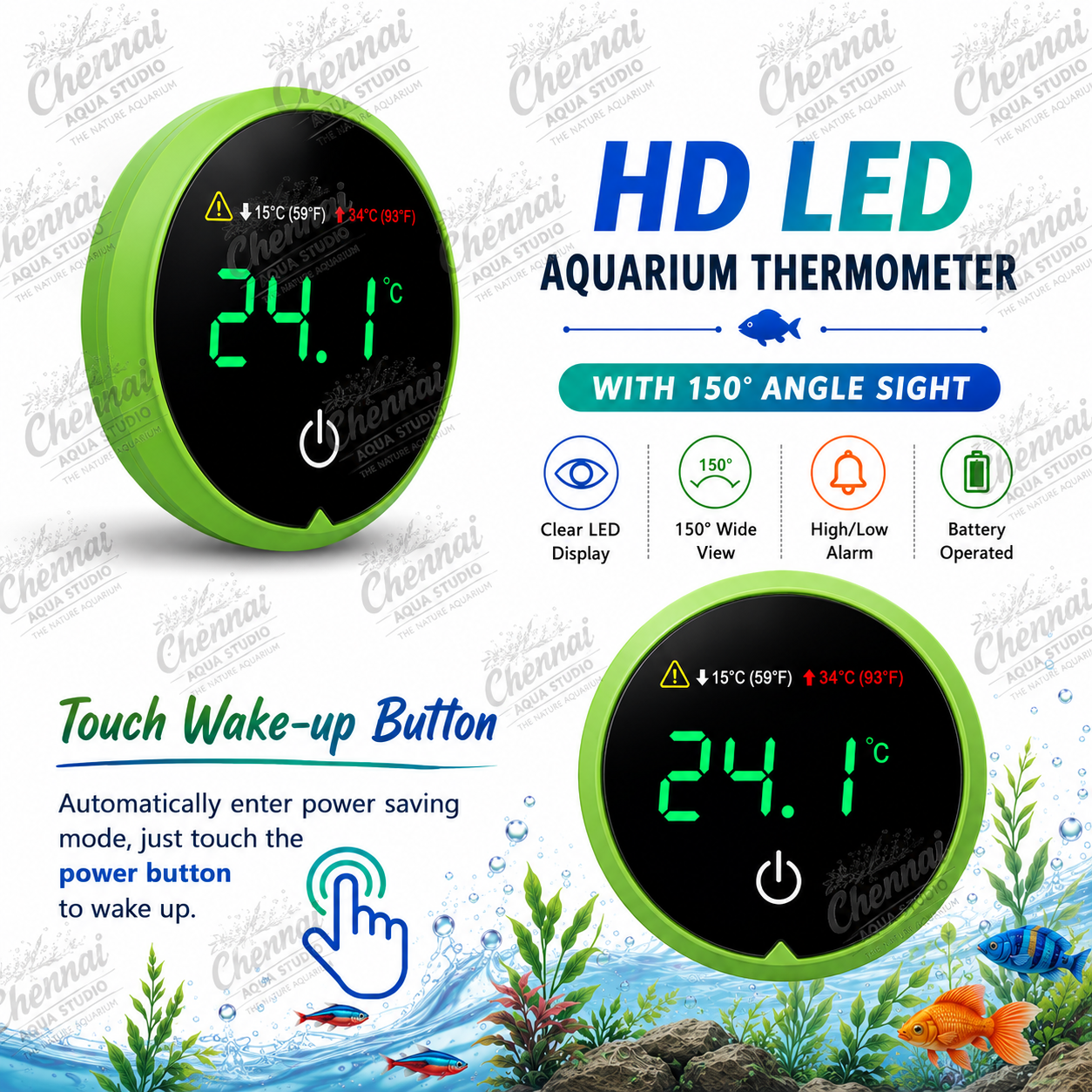 Fish Tank Digital Thermometer – LED Display Stick-On Aquarium Thermometer with HI/LO Alarm, Cordless Temperature Sensor & Touch Screen (Round) Dimensions: ~4.5 cm (Approx.)