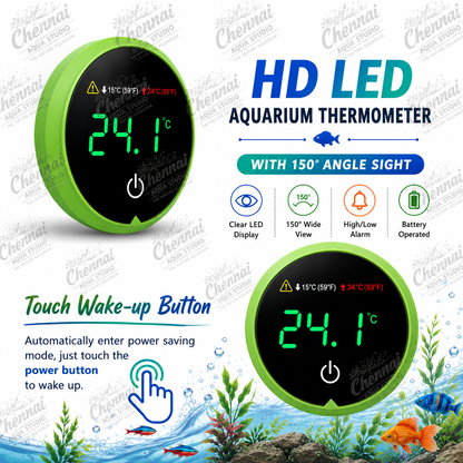 Fish Tank Digital Thermometer – LED Display Stick-On Aquarium Thermometer with HI/LO Alarm, Cordless Temperature Sensor & Touch Screen (Round) Dimensions: ~4.5 cm (Approx.)