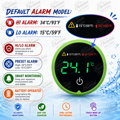 Fish Tank Digital Thermometer – LED Display Stick-On Aquarium Thermometer with HI/LO Alarm, Cordless Temperature Sensor & Touch Screen (Round) Dimensions: ~4.5 cm (Approx.)