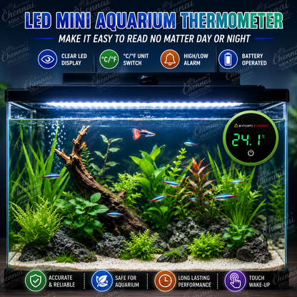 Fish Tank Digital Thermometer – LED Display Stick-On Aquarium Thermometer with HI/LO Alarm, Cordless Temperature Sensor & Touch Screen (Round) Dimensions: ~4.5 cm (Approx.)