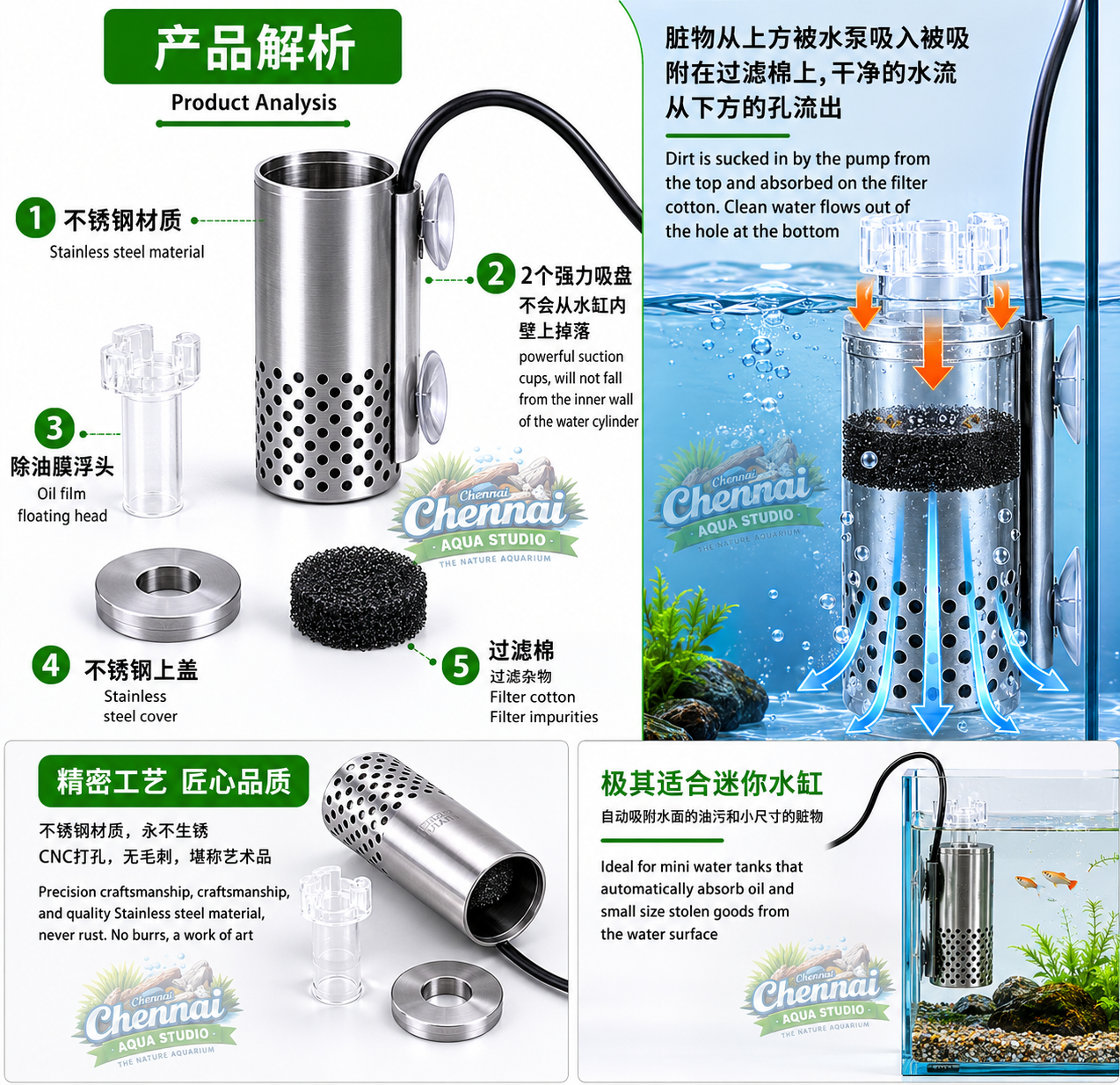 Wyin Aqua Surface Oil Skimmer | USB Powered | Mini Aquarium Surface Cleaner (Adapter Not Included)