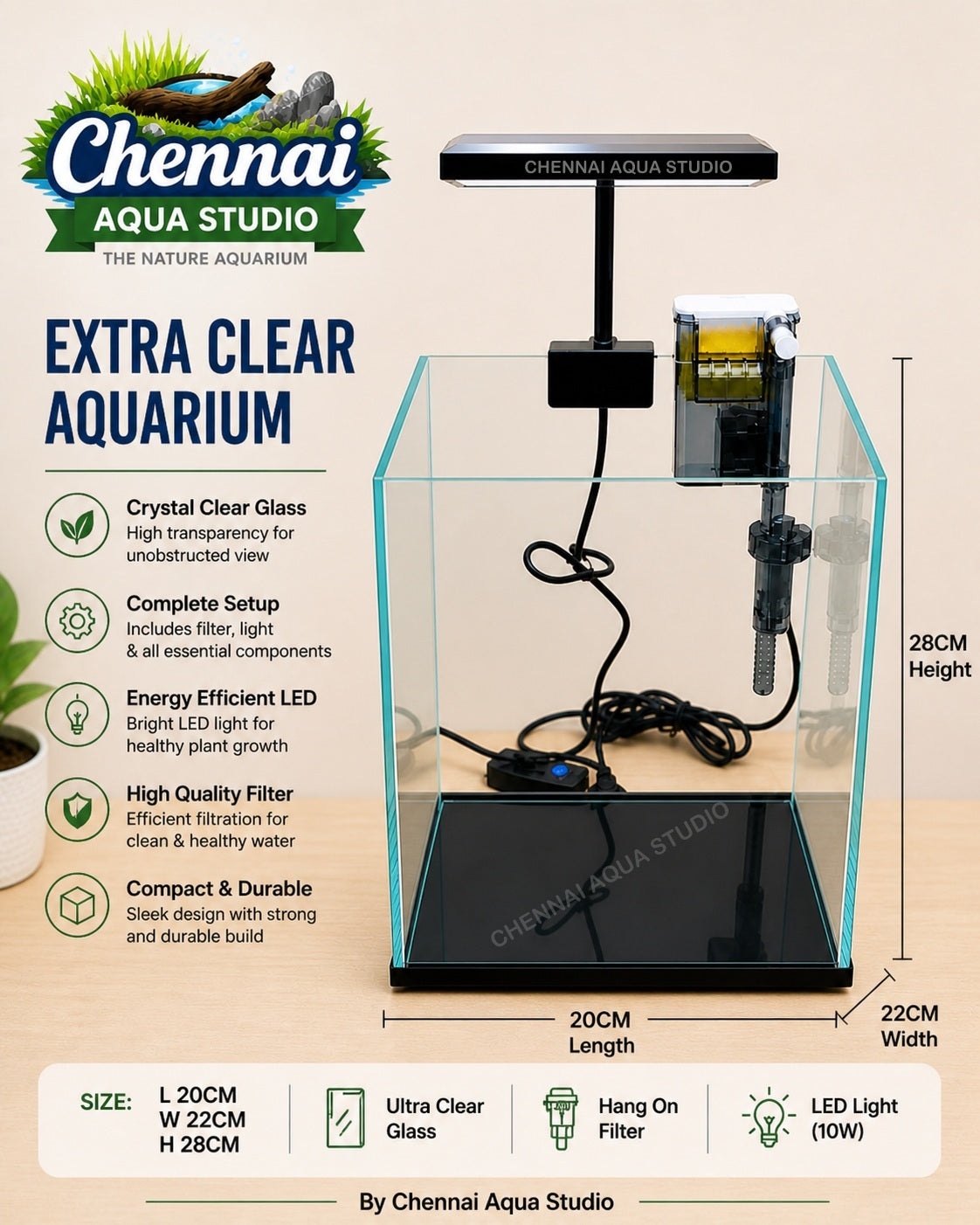 Ultra Clear Aquarium Glass Fish Tank with WRGB Flat LED Light and Filter for Small Fishes