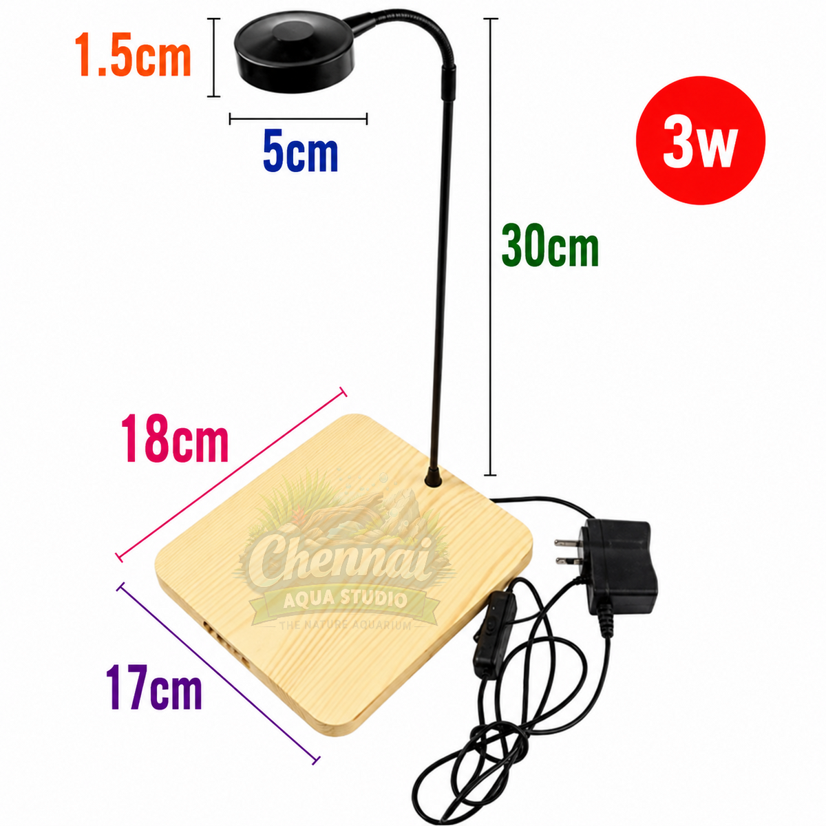3W LED Light with Wooden Stand – 360° Adjustable Aquarium & Plant Grow Light