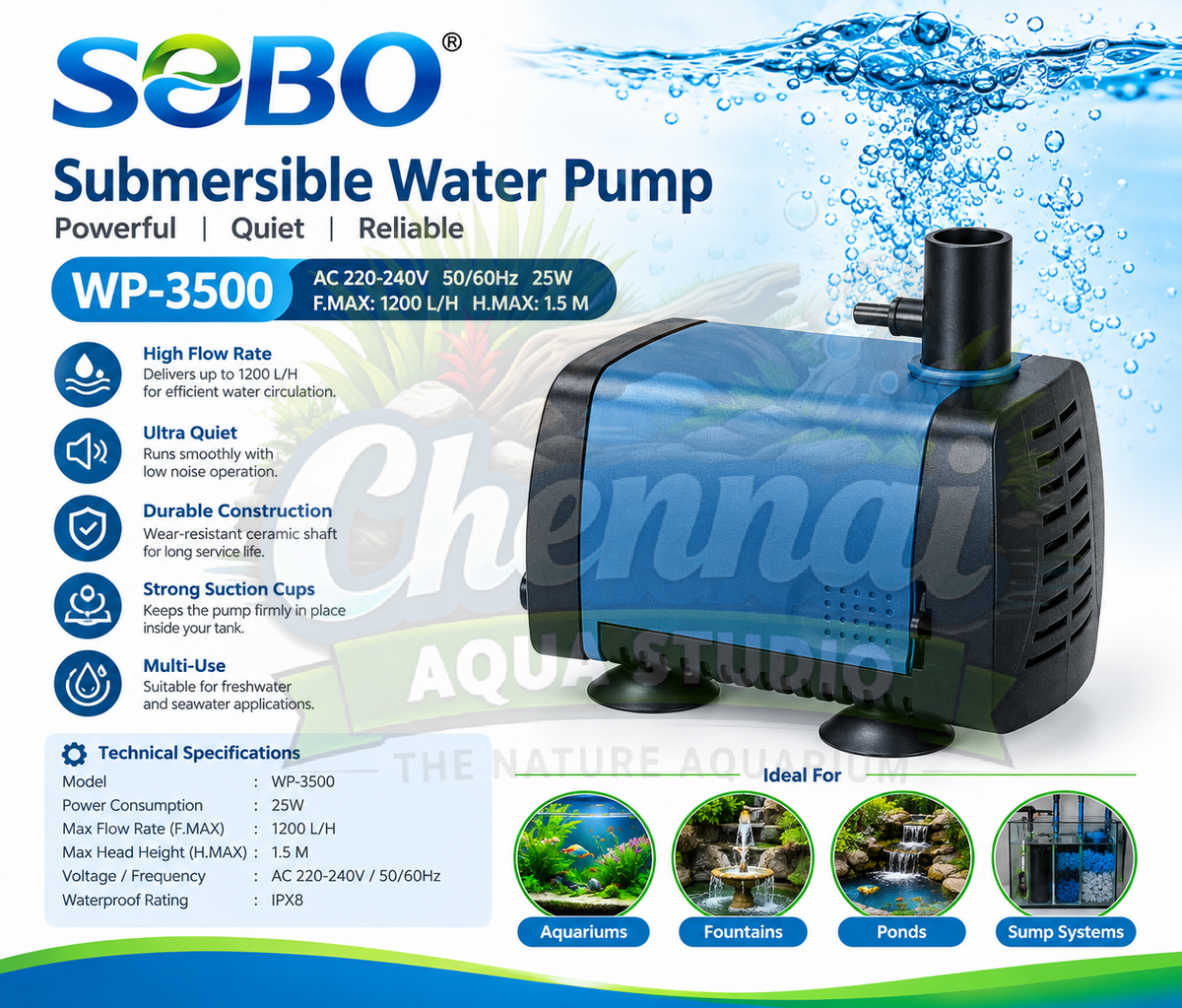 Sobo WP-3500 Submersible Water Pump 25 Watts – 1200 L/H Pump for Aquariums