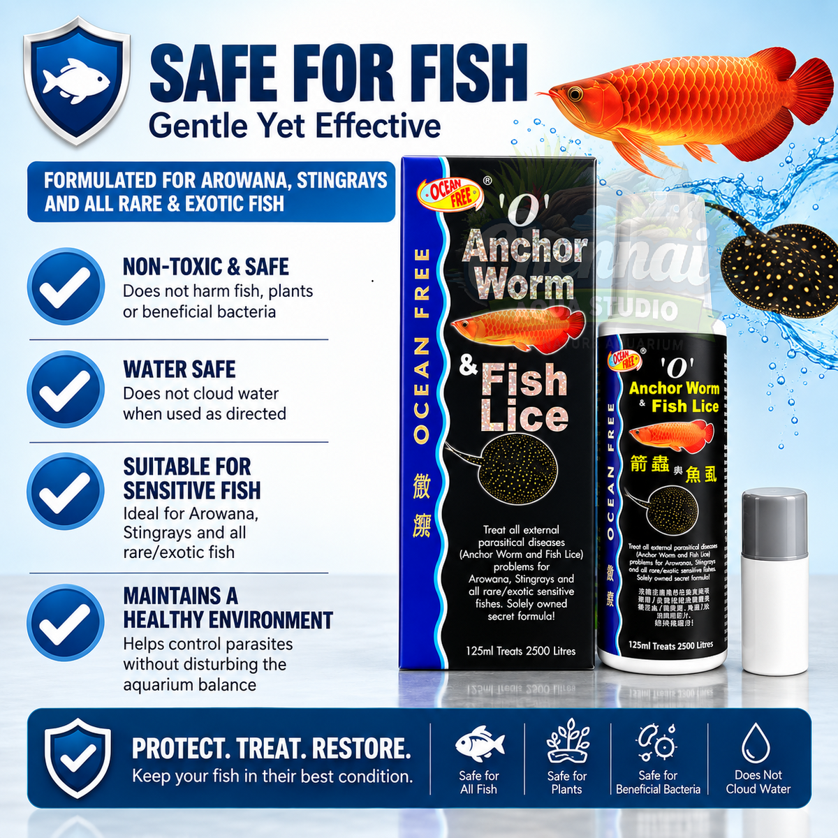 Ocean Free O Anchor Worm and Fish Lice Treat All External parasitical Diseases (Anchor Worms and Fish Lice) Problems for Arowana, Stingrays and All Rare/Exotic Sensitive Fishes 125ML