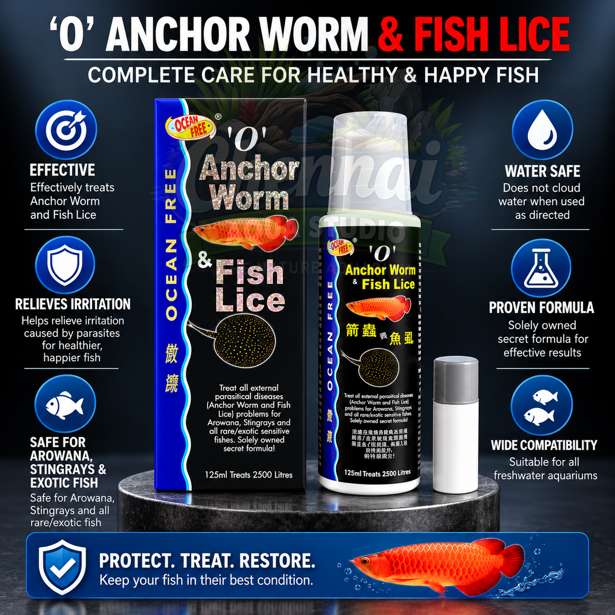 Ocean Free O Anchor Worm and Fish Lice Treat All External parasitical Diseases (Anchor Worms and Fish Lice) Problems for Arowana, Stingrays and All Rare/Exotic Sensitive Fishes 125ML
