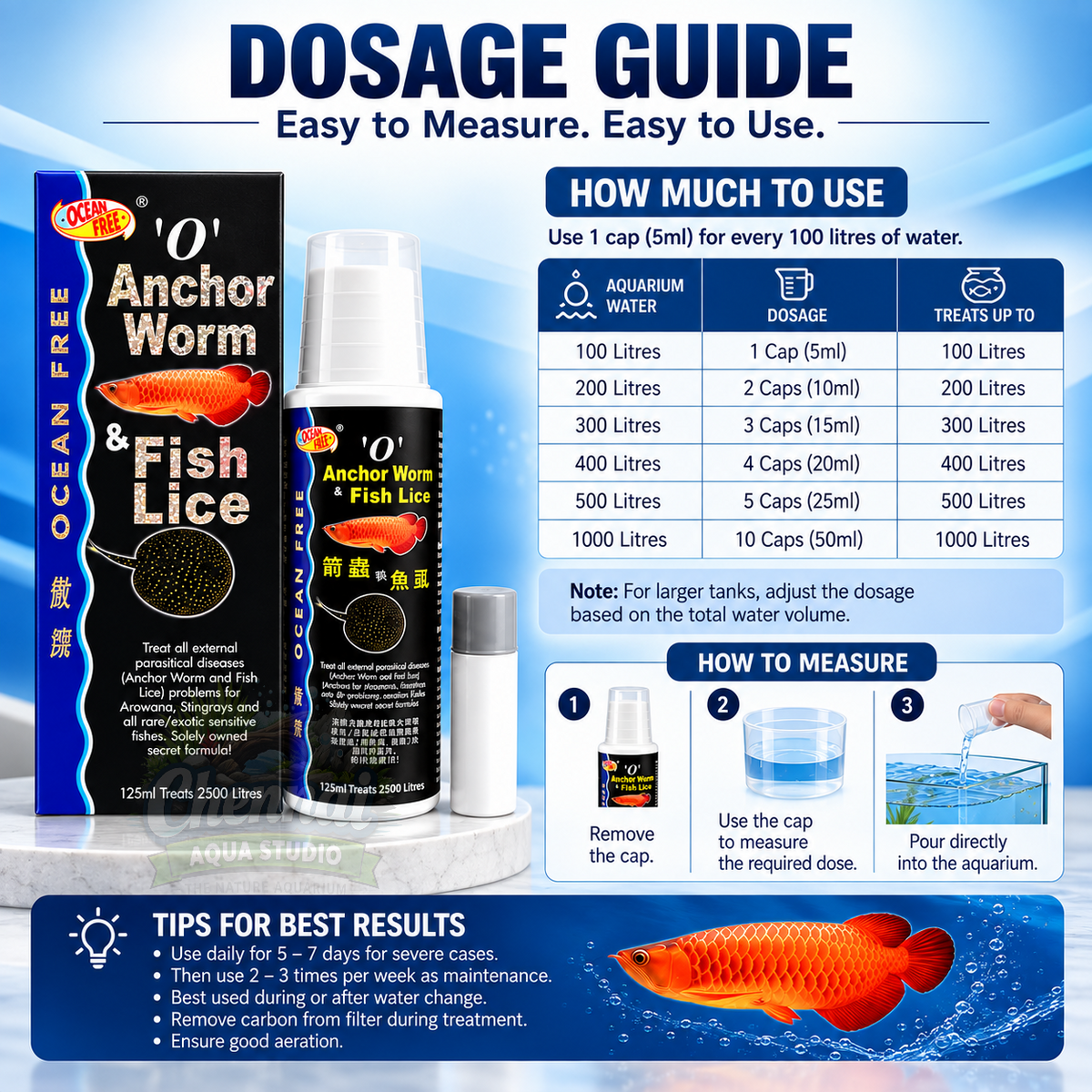 Ocean Free O Anchor Worm and Fish Lice Treat All External parasitical Diseases (Anchor Worms and Fish Lice) Problems for Arowana, Stingrays and All Rare/Exotic Sensitive Fishes 125ML