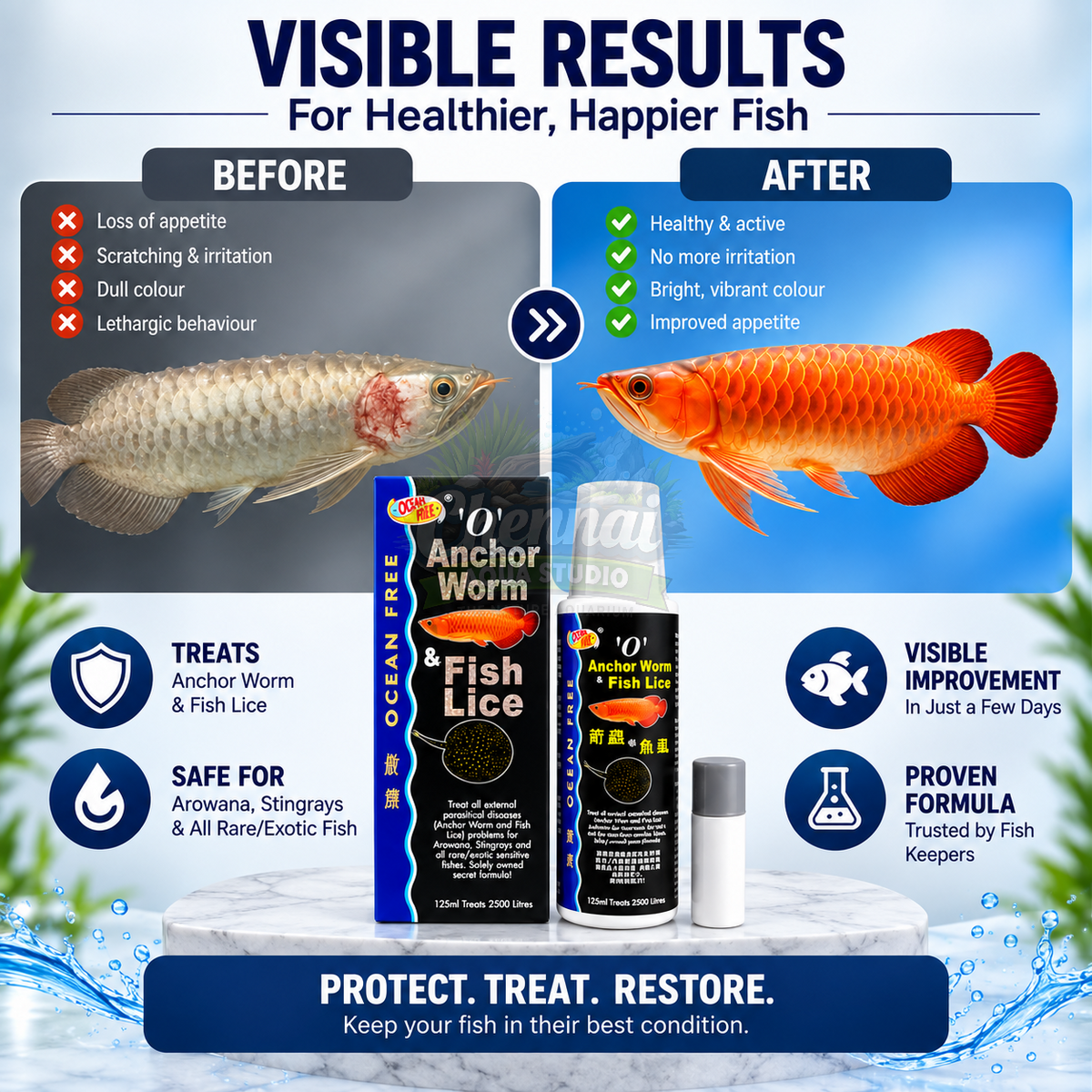 Ocean Free O Anchor Worm and Fish Lice Treat All External parasitical Diseases (Anchor Worms and Fish Lice) Problems for Arowana, Stingrays and All Rare/Exotic Sensitive Fishes 125ML
