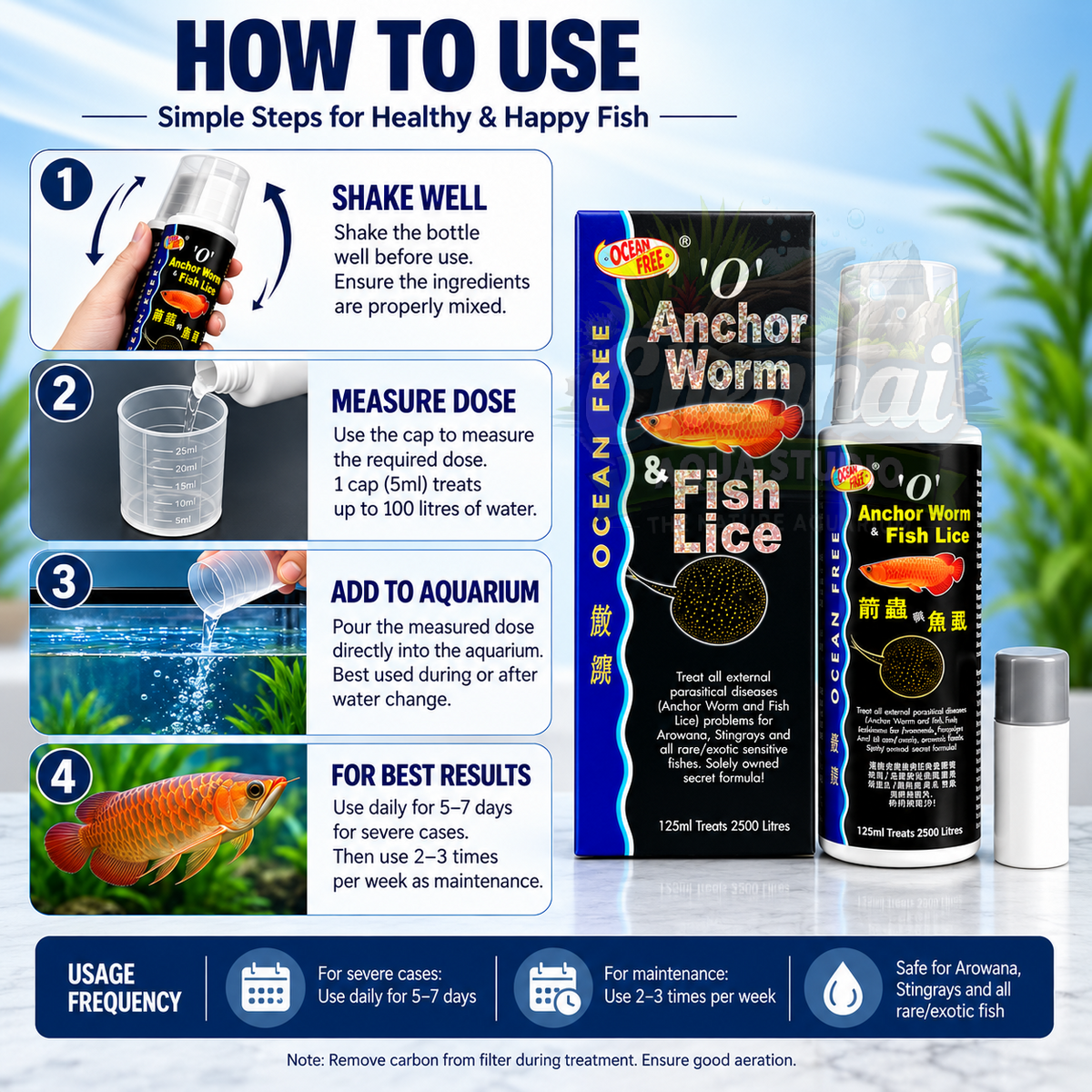 Ocean Free O Anchor Worm and Fish Lice Treat All External parasitical Diseases (Anchor Worms and Fish Lice) Problems for Arowana, Stingrays and All Rare/Exotic Sensitive Fishes 125ML