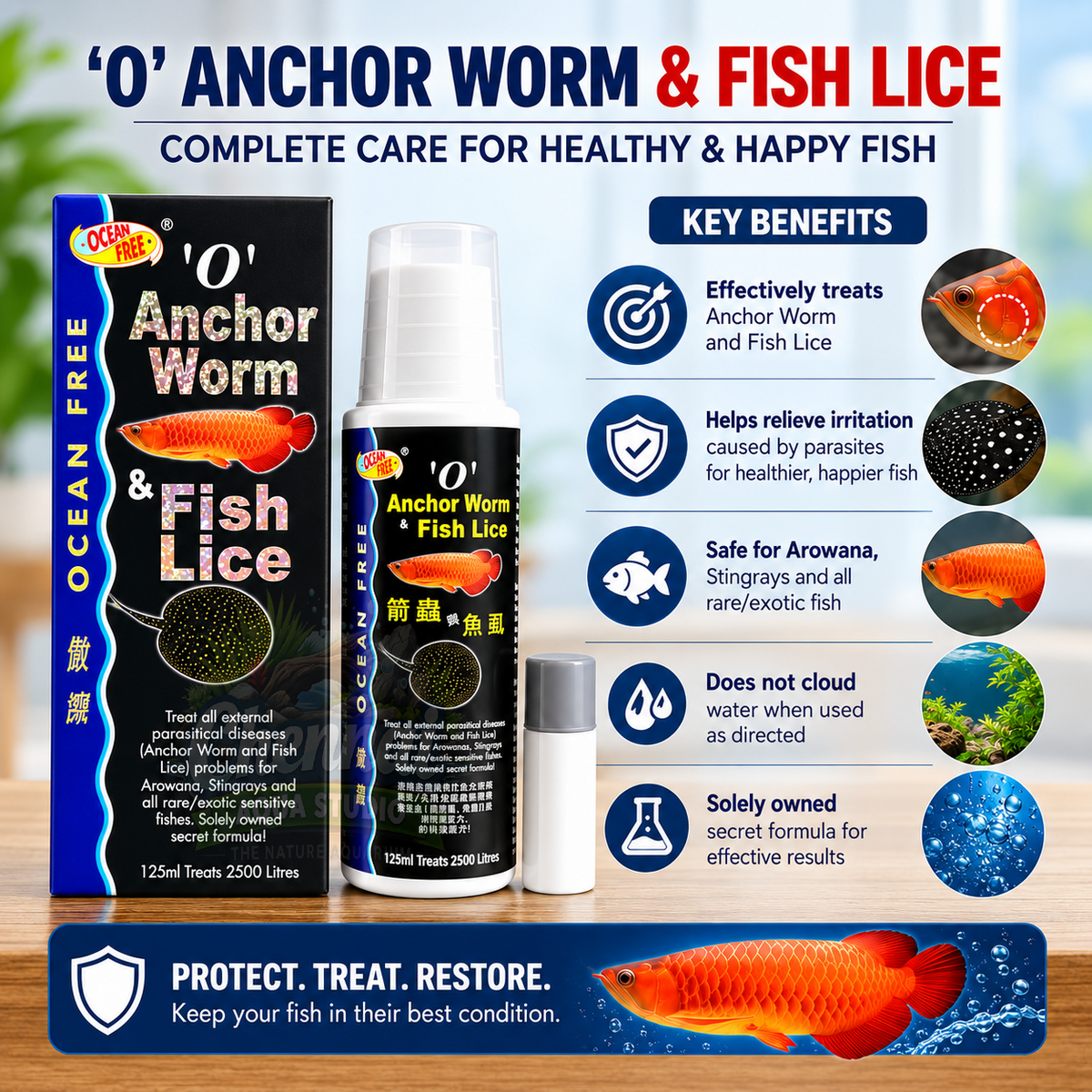 Ocean Free O Anchor Worm and Fish Lice Treat All External parasitical Diseases (Anchor Worms and Fish Lice) Problems for Arowana, Stingrays and All Rare/Exotic Sensitive Fishes 125ML