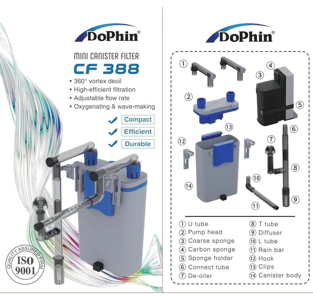 DoPhin CF-388 Mini Canister Filter | Hang-On External Aquarium Filter | For 30–80L Tanks