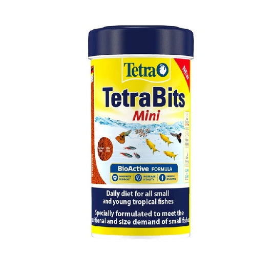 TetraBits Mini Fish Food A Daily diet for all small and young tropical fishes optimal growth of fish and minimal waste clean and clear water 35 Gram Pack
